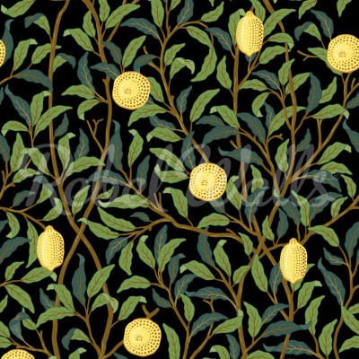 Tapet cu motive botanice, Lemon Garden, Midnight, cu copaci cu lămâi suculente pe un fundal închis.