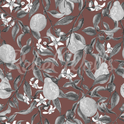 Tapet floral cu pere si flori delicate pe un fundal bordo, intr-un living.