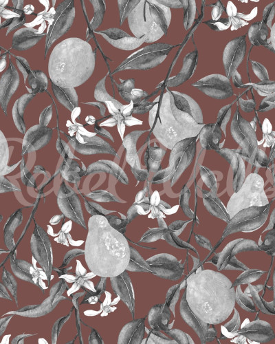 Tapet floral cu pere si flori delicate pe un fundal bordo, intr-un living.