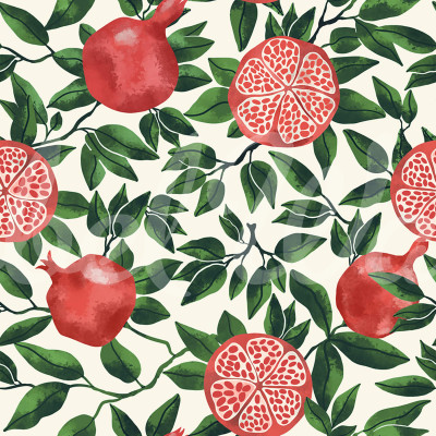 Tapet Pomegranate, Green, cu rodii roșii și frunze verzi pe un fundal alb.