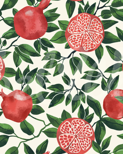 Tapet Pomegranate, Green, cu rodii roșii și frunze verzi pe un fundal alb.