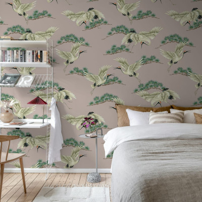Flying Cranes, Pink, Wallpaper, macarale zburătoare, roz, design japonez