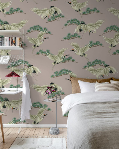 Flying Cranes, Pink, Wallpaper, macarale zburătoare, roz, design japonez