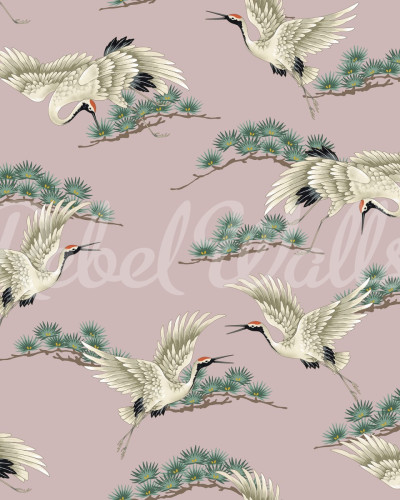 Flying Cranes, Pink, Wallpaper, macarale zburătoare, roz, design japonez