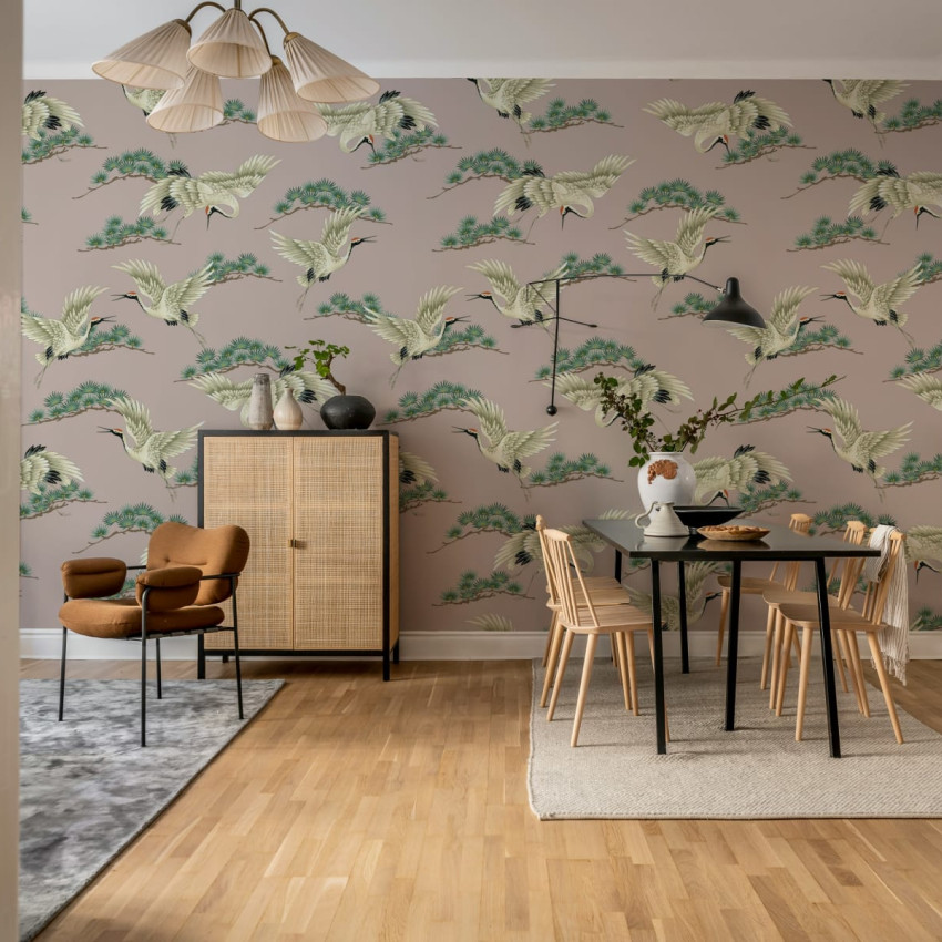 Tapet cu macarale zburătoare pe un fundal verde, în stil modern și minimalist