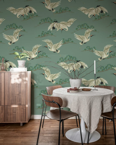 Tapet cu macarale zburătoare pe un fundal verde, în stil modern și minimalist