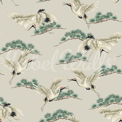 Tapet Flying Cranes Beige, cu macarale albe zburand pe un fundal bej cu accente de verde