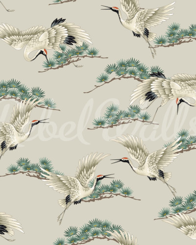 Tapet Flying Cranes Beige, cu macarale albe zburand pe un fundal bej cu accente de verde