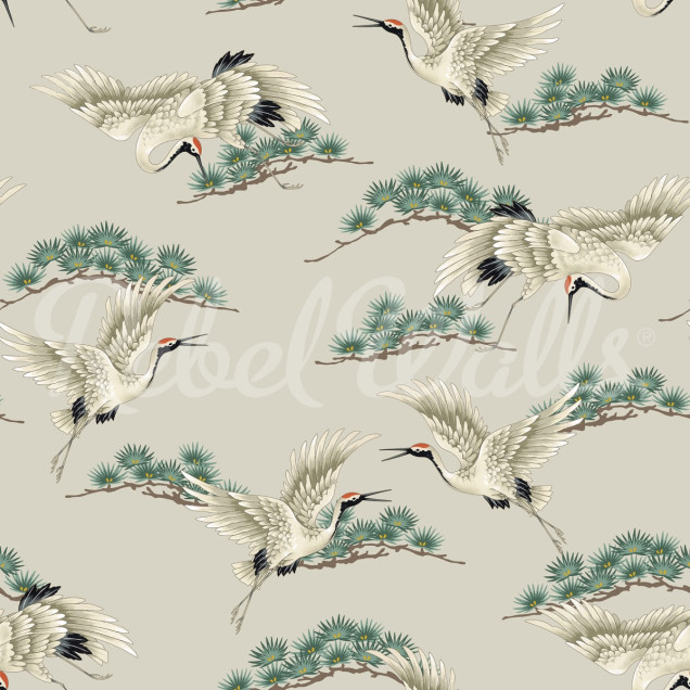 Tapet Flying Cranes Beige, cu macarale albe zburand pe un fundal bej cu accente de verde