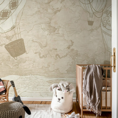 Wallpaper Balloon Travelers, Beige - cu baloane cu aer cald și un peisaj nostalgic