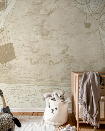 Wallpaper Balloon Travelers, Beige - cu baloane cu aer cald și un peisaj nostalgic
