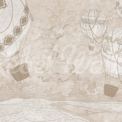 Wallpaper Balloon Travelers, Beige - cu baloane cu aer cald și un peisaj nostalgic