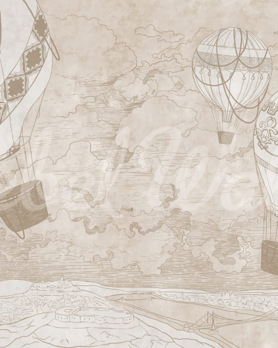 Wallpaper Balloon Travelers, Beige - cu baloane cu aer cald și un peisaj nostalgic