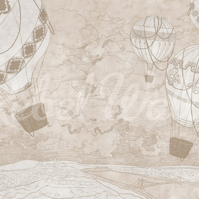 Wallpaper Balloon Travelers, Beige - cu baloane cu aer cald și un peisaj nostalgic