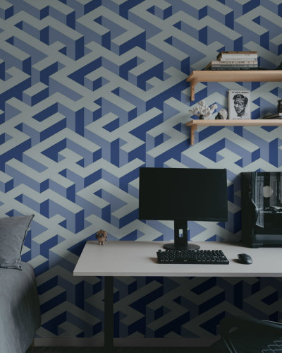 Tapet geometric modern Mace Game in nuante de albastru si gri, cu un design din cuburi 3D,  ideal pentru living, dormitor, birou sau hol.
