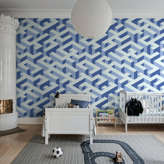 Tapet geometric modern Mace Game in nuante de albastru si gri, cu un design din cuburi 3D,  ideal pentru living, dormitor, birou sau hol.