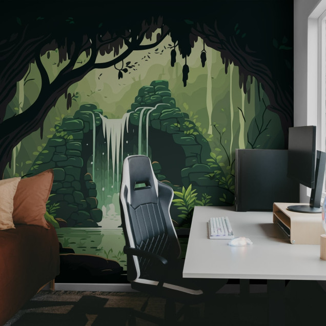 Tapet cu o cascadă ascunsă în pădure, cu un design grafic și detalii vii.