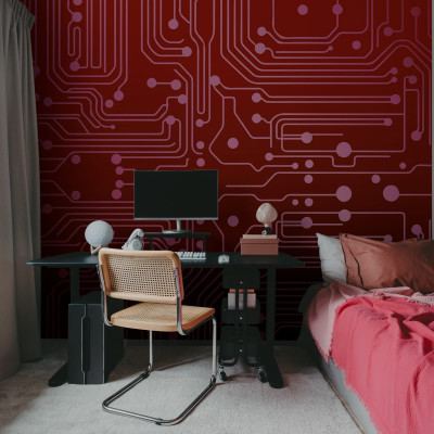 Tapet Circuit Board, Red. Design modern și abstract.