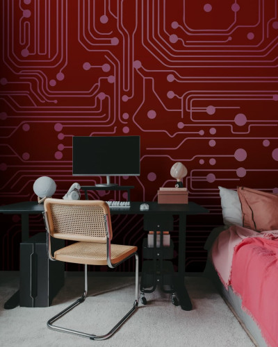 Tapet Circuit Board, Red. Design modern și abstract.