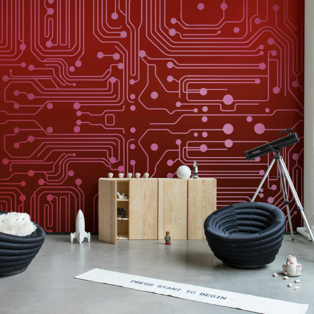 Tapet Circuit Board, Red. Design modern și abstract.