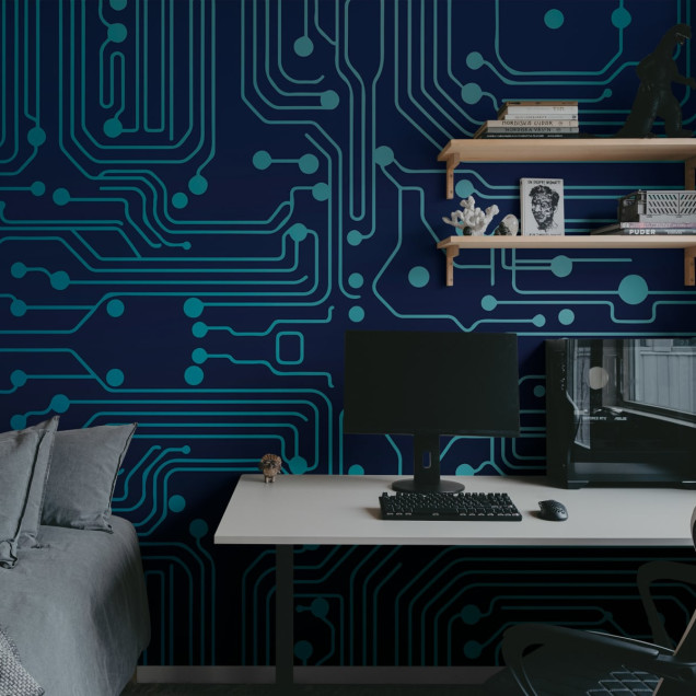 Circuit Board, Blue - tapet modern cu un design abstract, perfect pentru cei care apreciază tehnologia și minimalismul.