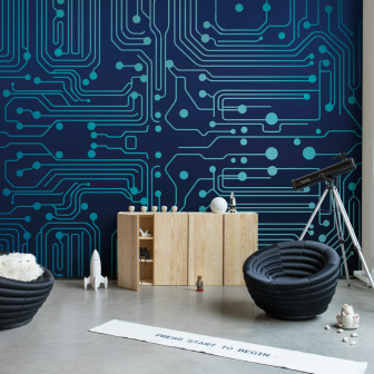 Circuit Board, Blue - tapet modern cu un design abstract, perfect pentru cei care apreciază tehnologia și minimalismul.