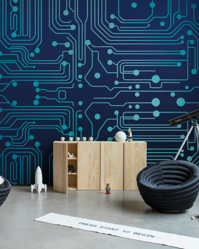Circuit Board, Blue - tapet modern cu un design abstract, perfect pentru cei care apreciază tehnologia și minimalismul.