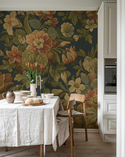Tapet floral vintage ivory în bucătărie