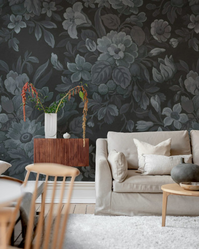 Fototapet floral vintage bleumarin într-un living elegant