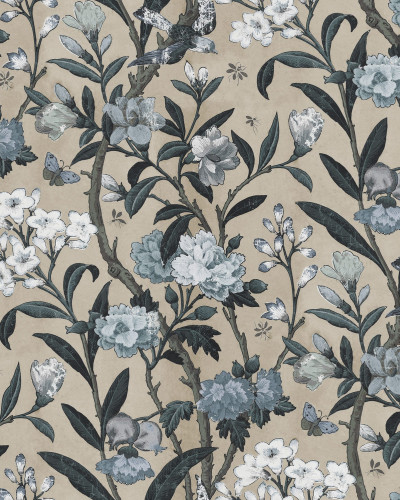 Tapet floral albastru în living modern