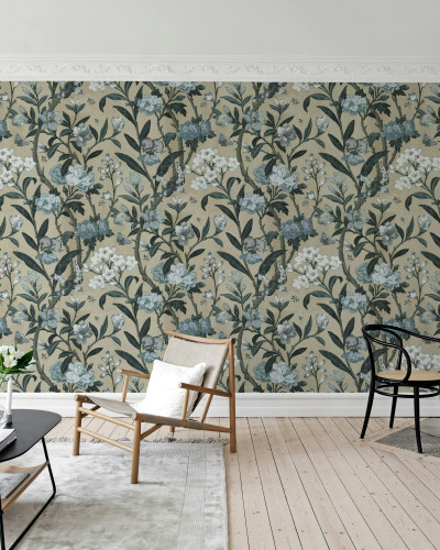 Tapet floral albastru în living modern