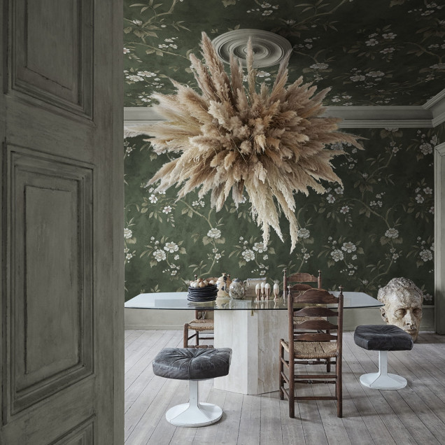 Tapet floral verde, decor interior elegant