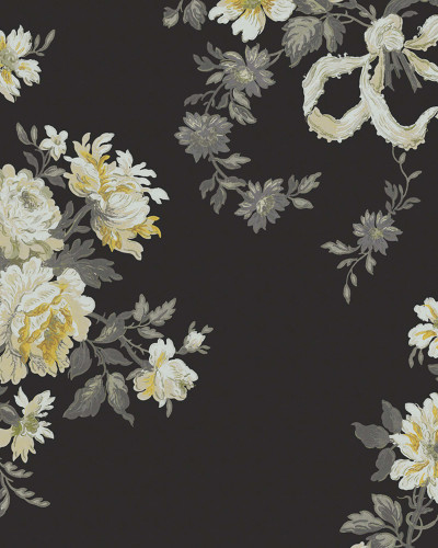 Dormitor cu tapet floral negru și mobilier elegant