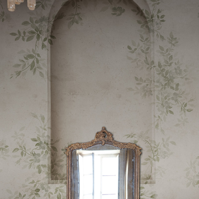 Tapet cu arcuri verzi și design floral într-un dormitor elegant