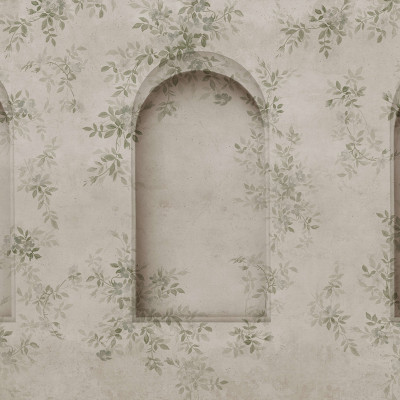 Tapet cu arcuri verzi și design floral într-un dormitor elegant