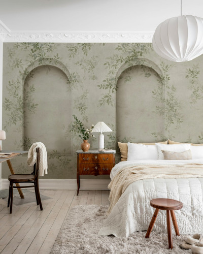 Tapet cu arcuri verzi și design floral într-un dormitor elegant