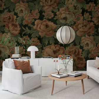 Tapet floral negru cu design elegant în living