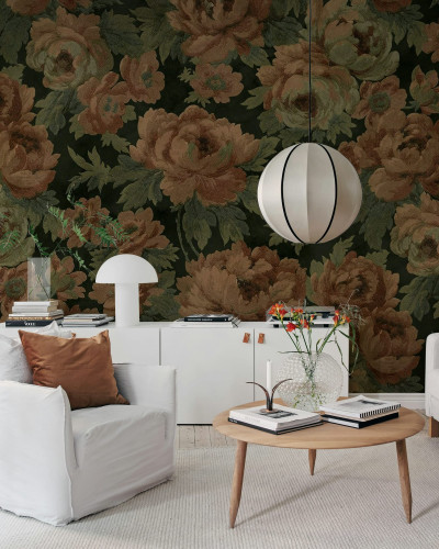 Tapet floral negru cu design elegant în living