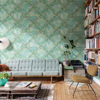 Tapet floral verde cu nori pentru un interior relaxant