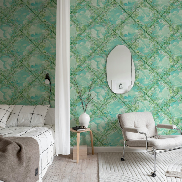 Tapet floral verde cu nori pentru un interior relaxant