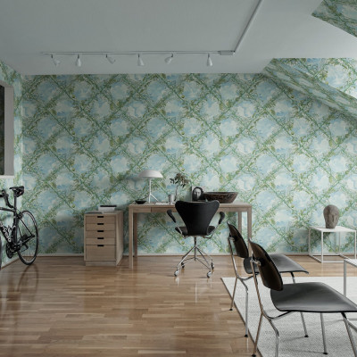 Tapet cu model abstract ce imită cerul într-un living modern