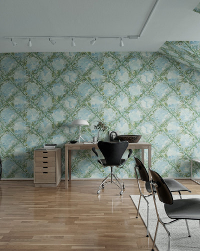 Tapet cu model abstract ce imită cerul într-un living modern
