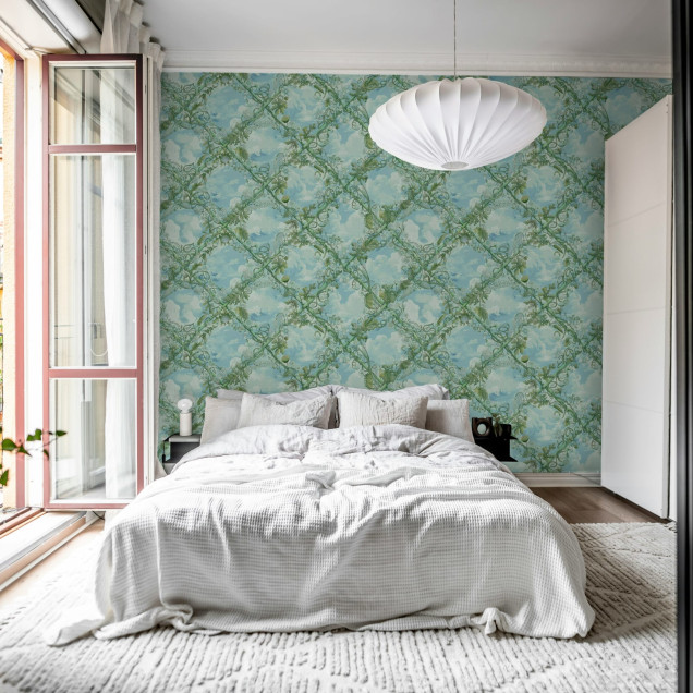 Tapet cu model abstract ce imită cerul într-un living modern