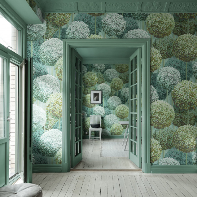 Tapet floral verde cu design modern în sufragerie