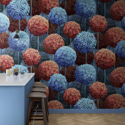 Tapet floral albastru și oranj, design modern