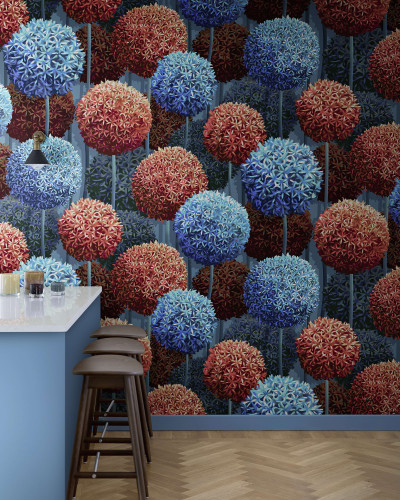 Tapet floral albastru și oranj, design modern