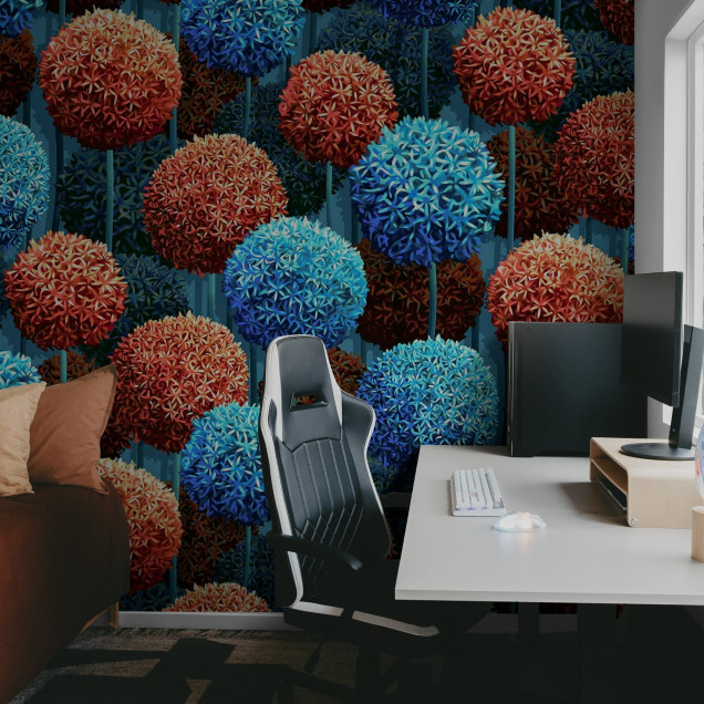 Tapet floral albastru și oranj, design modern