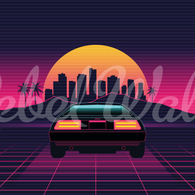 Un tapet cu un design retro futuristic, cu o mașină sport iconică, un apus de soare vibrant, cu orașul în fundal.  Se poate observa în imagine o cameră cu un pat, o măsuță de noptieră și o skateboard.