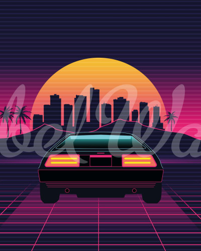 Un tapet cu un design retro futuristic, cu o mașină sport iconică, un apus de soare vibrant, cu orașul în fundal.  Se poate observa în imagine o cameră cu un pat, o măsuță de noptieră și o skateboard.