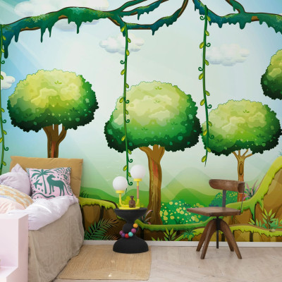 Tapetă verde cu design de pădure cu copaci înalți și liane